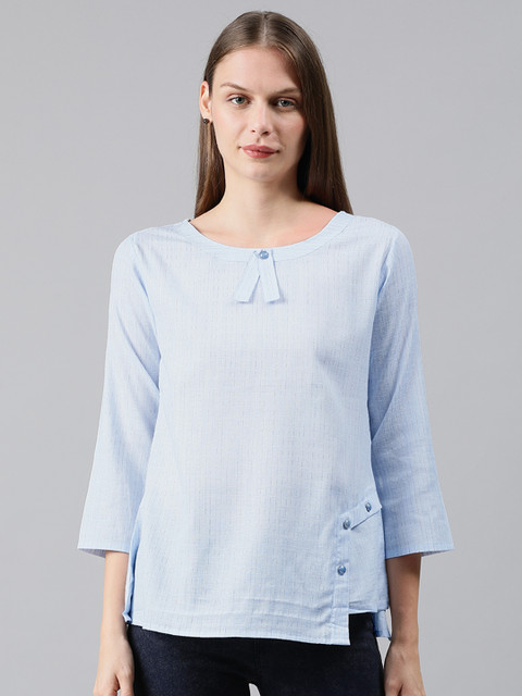 

MIMOSA Women Blue Striped Linen Top with Button Detailing