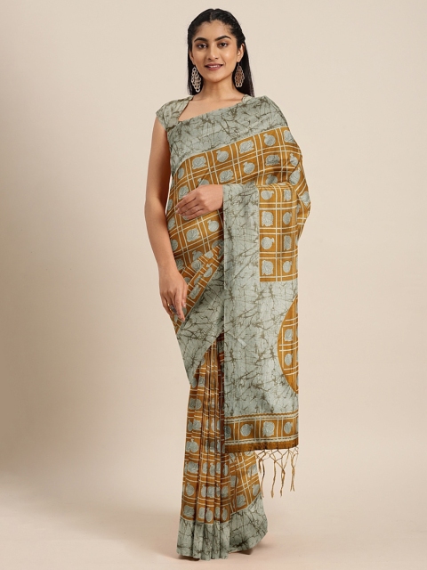 

KALINI Mustard Yellow & Grey Art Silk Checked Mysore Silk Saree