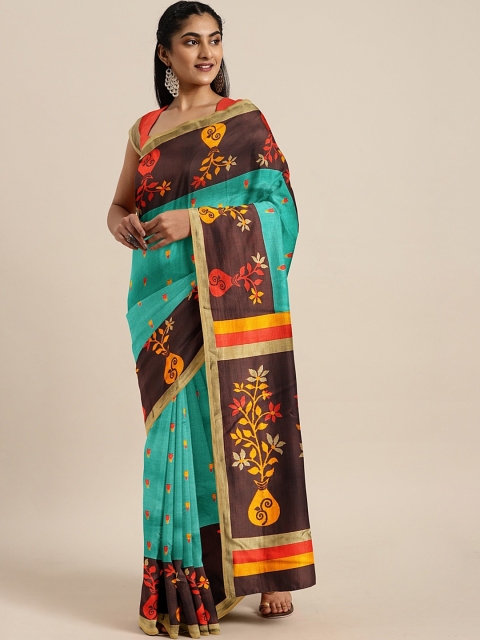 

KALINI Sea Green & Brown Art Silk Printed Mysore Silk Saree