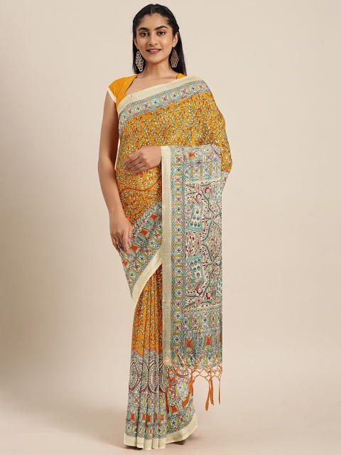 

KALINI Mustard Yellow & Beige Art Silk Printed Khadi Saree