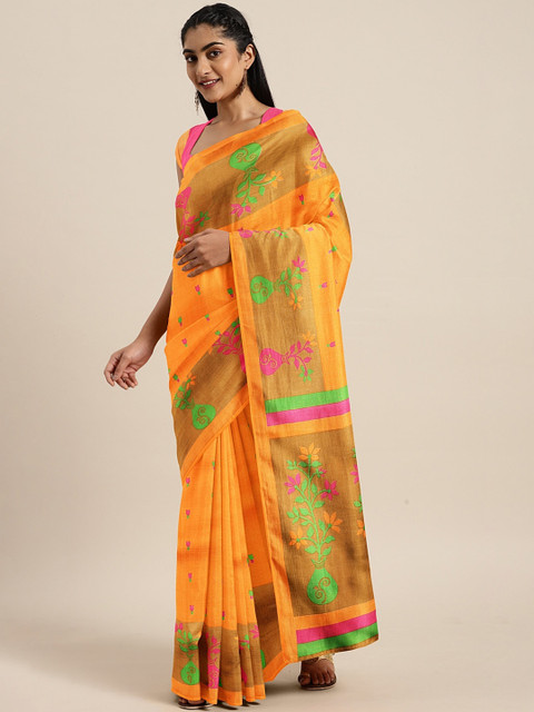 

KALINI Yellow Art Silk Floral Printed Mysore Silk Saree
