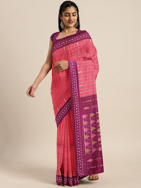 

KALINI Pink & Off-White Art Silk Ikat Printed Saree