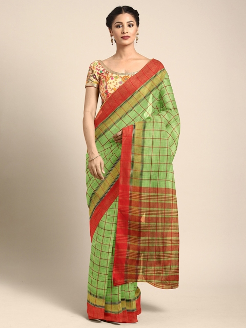 

KALINI Green & Red Linen Blend Checked Saree