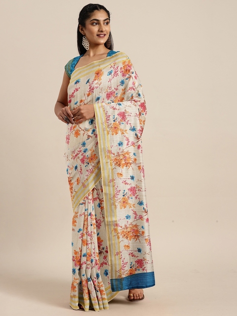 

KALINI Off-White & Peach-Coloured Art Silk Floral Printed Mysore Silk Saree