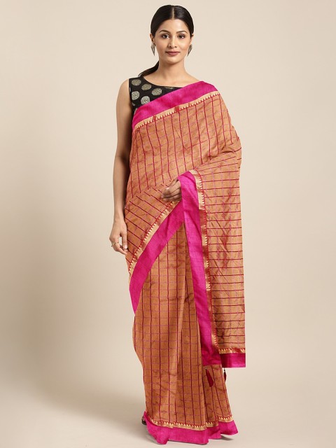 

KALINI Pink & Copper-Toned Linen Blend Checked Saree