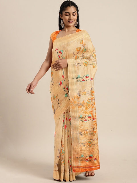 

KALINI Beige & Orange Art Silk Printed Mysore Silk Saree