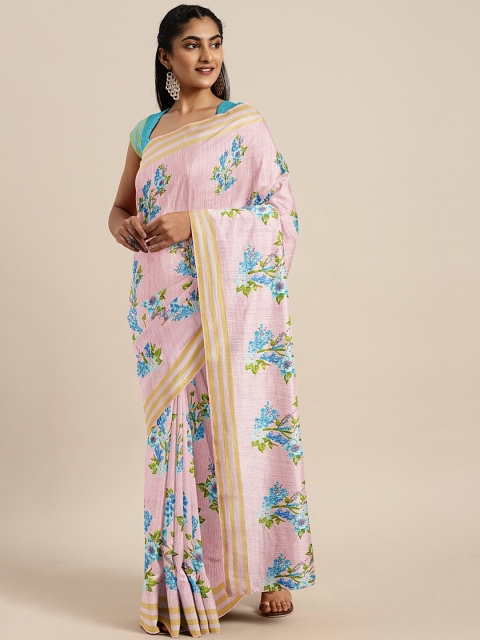 

KALINI Pink & Blue Art Silk Floral Printed Mysore Silk Saree