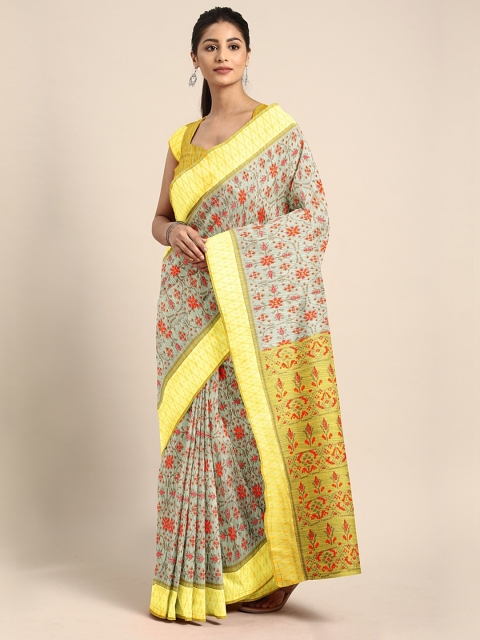 

KALINI Grey & Yellow Cotton Blend Floral Printed Saree