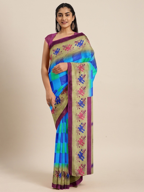 

KALINI Blue & Beige Art Silk Checked Mysore Silk Saree