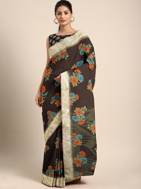 

Mitera Brown & Blue Cotton Blend Floral Printed Saree