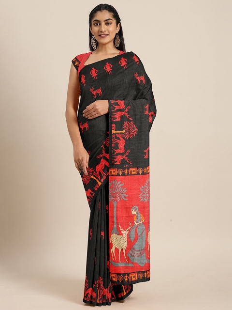 

KALINI Black & Red Art Silk Printed Saree