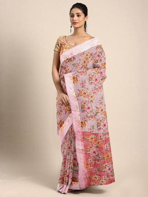 

KALINI Peach-Coloured Floral Printed Cotton Blend Saree