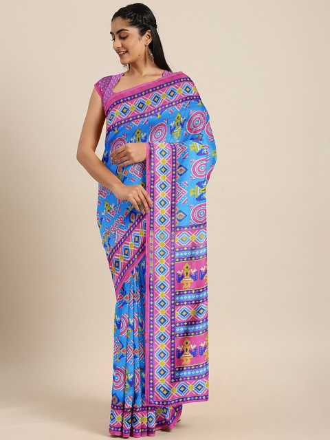 

KALINI Blue & Pink Art Silk Printed Mysore Silk Saree