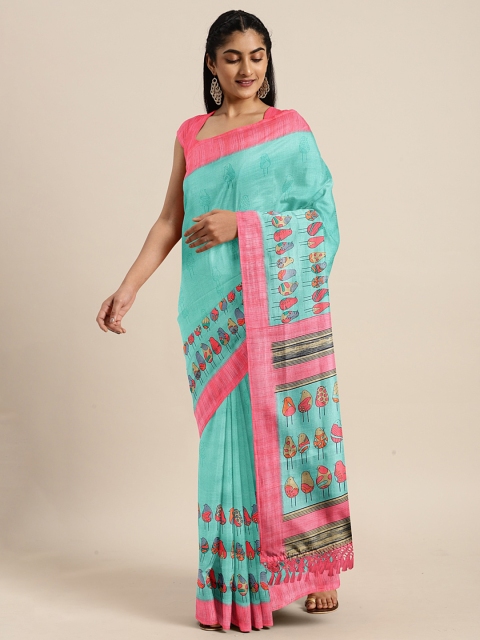 

KALINI Sea Green & Pink Art Silk Printed Mysore Silk Saree