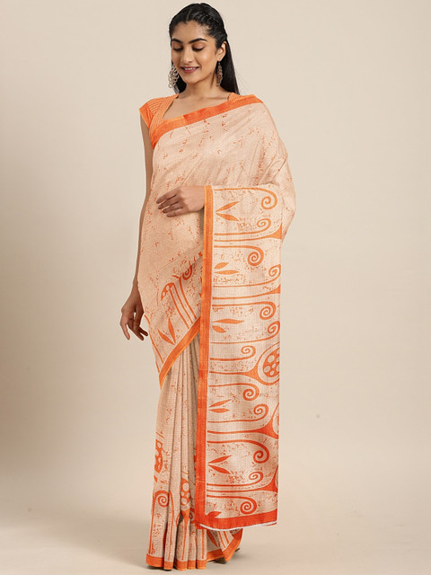 

KALINI Orange Art Silk Printed Khadi Saree