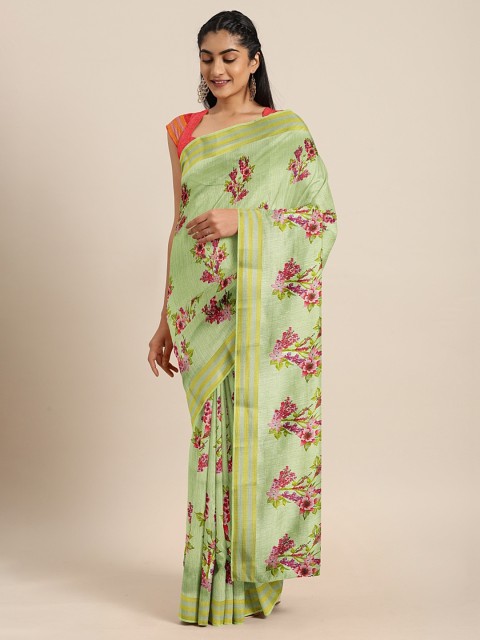 

KALINI Lime Green & Pink Art Silk Floral Printed Mysore Silk Saree