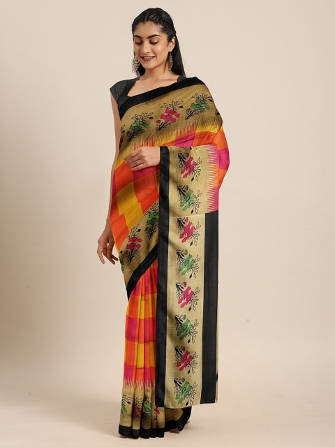 

KALINI Pink & Yellow Art Silk Checked Mysore Silk Saree