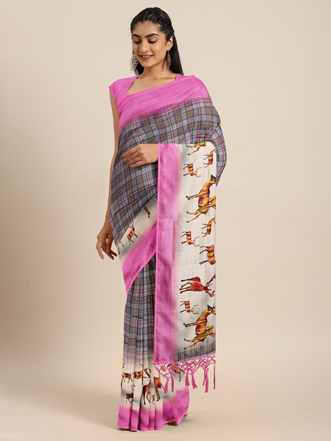 

KALINI Pink & Blue Art Silk Checked Mysore Silk Saree