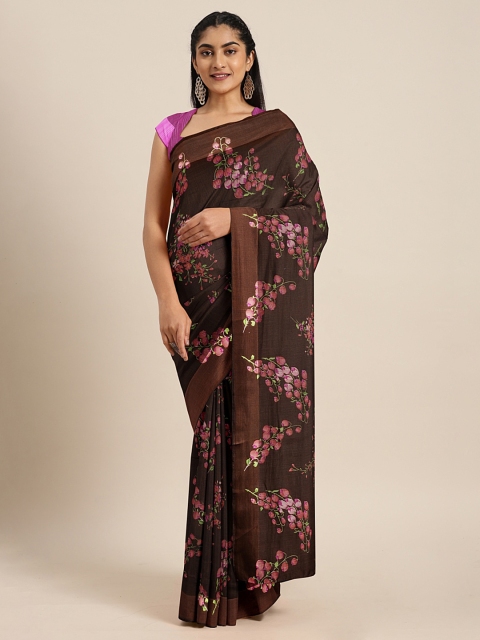 

KALINI Coffee Brown & Pink Cotton Blend Floral Printed Saree