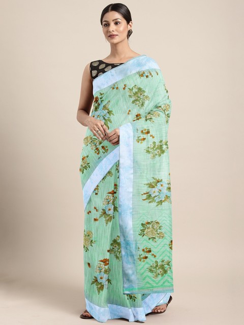 

KALINI Sea Green Floral Printed Cotton Blend Saree
