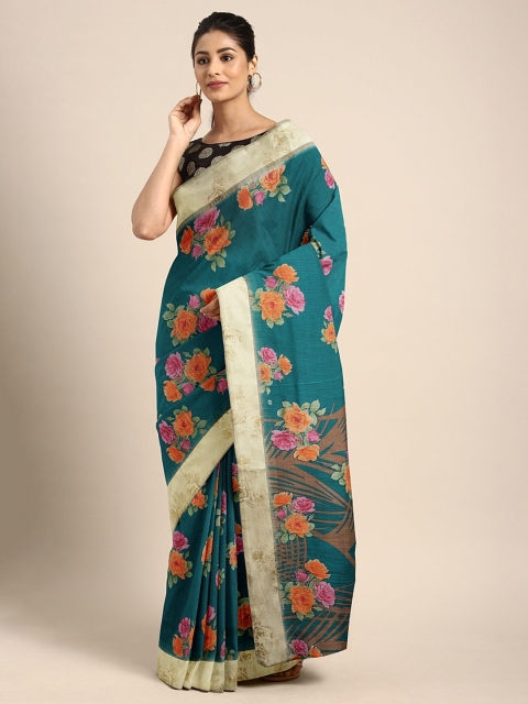 

KALINI Teal Blue Floral Printed Cotton Blend Saree