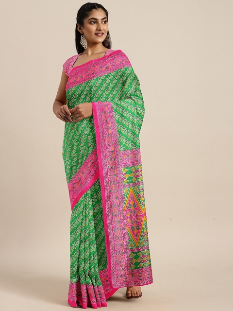 

KALINI Green & Pink Art Silk Printed Bhagalpuri Saree
