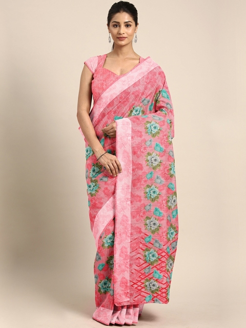 

KALINI Pink & Blue Cotton Blend Floral Printed Saree