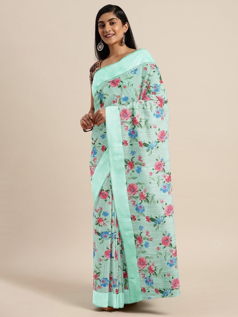 

KALINI Sea Green & Pink Cotton Blend Floral Printed Saree