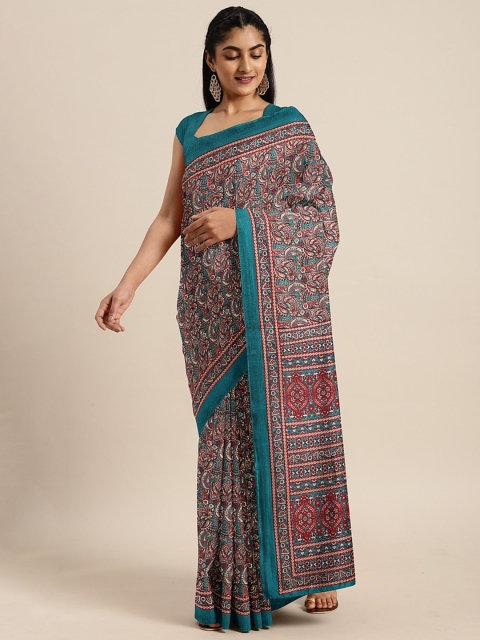 

KALINI Turquoise Blue & Red Art Silk Printed Saree