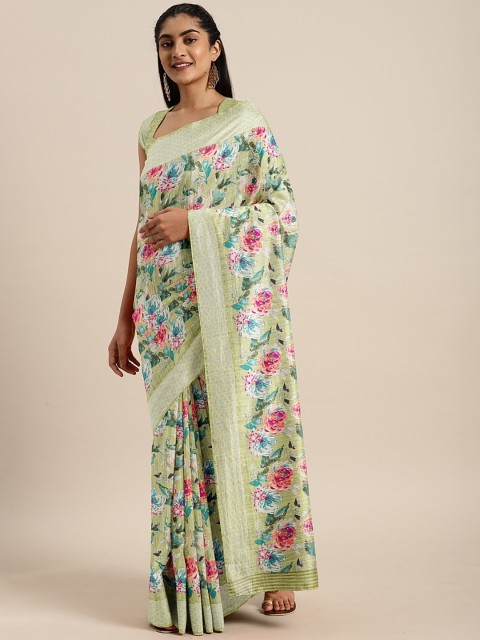 

KALINI Olive Green & Pink Art Silk Printed Mysore Silk Saree