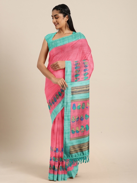 

KALINI Pink & Sea Green Art Silk Printed Mysore Silk Saree