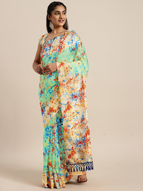 

KALINI Sea Green & Red Art Silk Printed Mysore Silk Saree