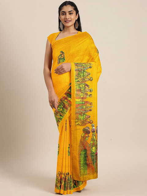 

KALINI Yellow & Green Art Silk Printed Khadi Saree