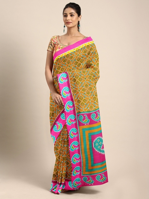 

Mitera Mustard Yellow & Pink Cotton Blend Printed Saree