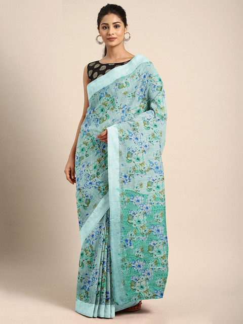 

KALINI Blue Floral Printed Cotton Blend Saree