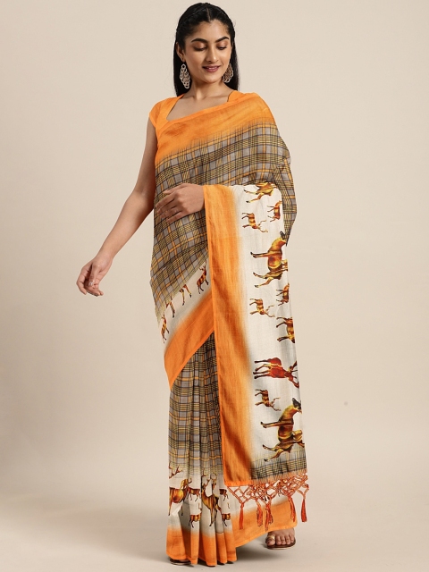 

KALINI Orange & Black Art Silk Checked Mysore Silk Saree