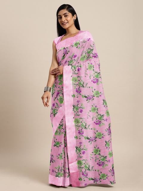 

KALINI Pink & Green Cotton Blend Floral Printed Saree