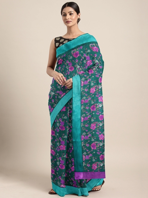 

KALINI Green & Purple Cotton Blend Floral Printed Saree
