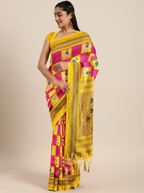 

KALINI Yellow & Pink Art Silk Printed Mysore Silk Saree