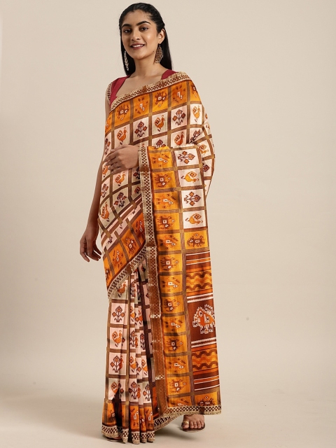

KALINI Brown & Mustard Yellow Art Silk Checked Mysore Silk Saree