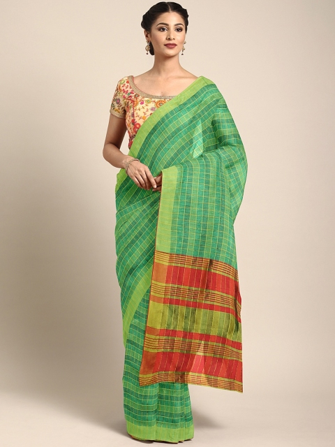 

KALINI Green & Gold-Toned Linen Blend Checked Saree