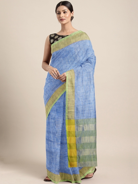 

KALINI Blue & Sea Green Linen Blend Checked Saree