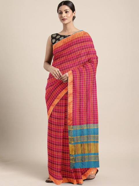 

KALINI Pink & Burgundy Checked Linen Blend Saree