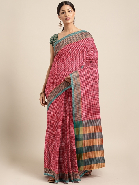 

KALINI Red & White Linen Blend Checked Saree