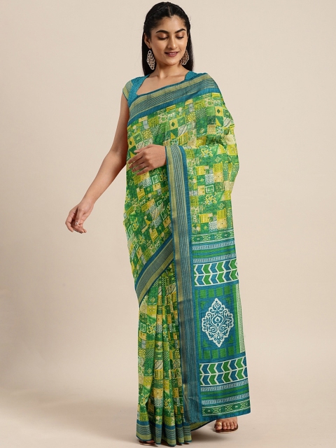 

KALINI Green & Yellow Art Silk Printed Mysore Silk Saree