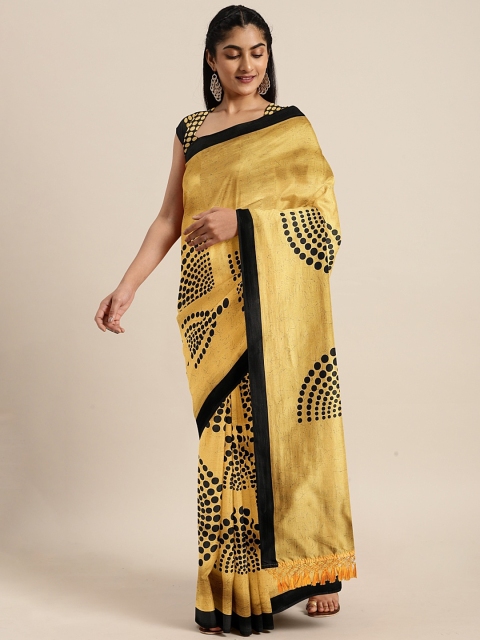 

KALINI Mustard Yellow & Black Art Silk Printed Mysore Silk Saree