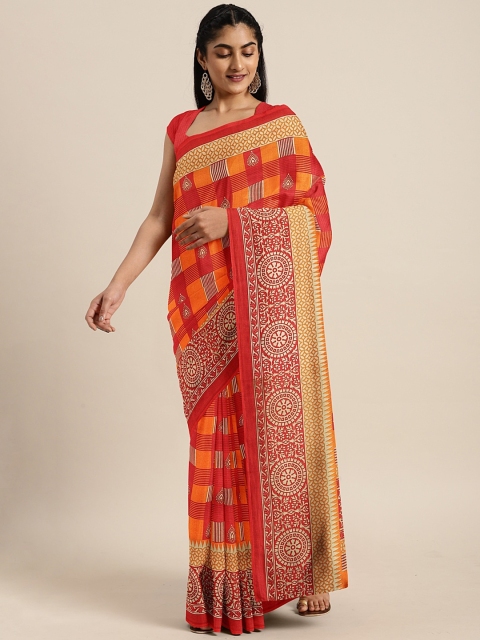 

KALINI Red & Orange Art Silk Checked Mysore Silk Saree