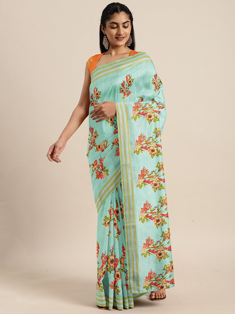 

KALINI Blue & Orange Art Silk Printed Mysore Silk Saree