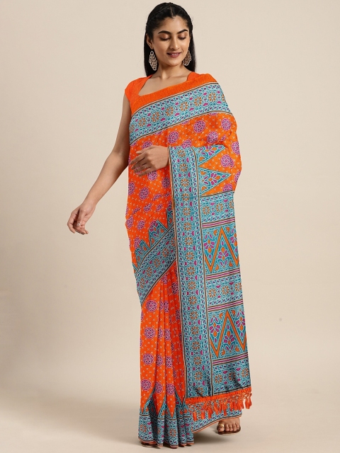 

KALINI Orange & Purple Art Silk Printed Saree