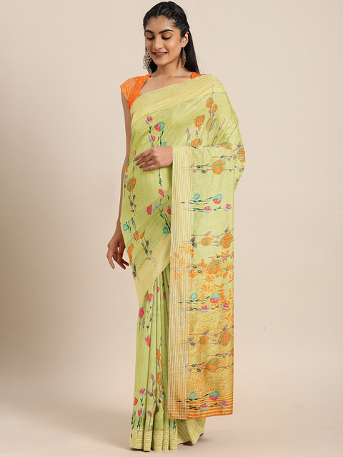 

KALINI Yellow Art Silk Floral Printed Mysore Silk Saree